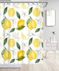 Abstract Allover Fruits Green Leaves Shower Curtain For Summer Vibe Bathroom Decor