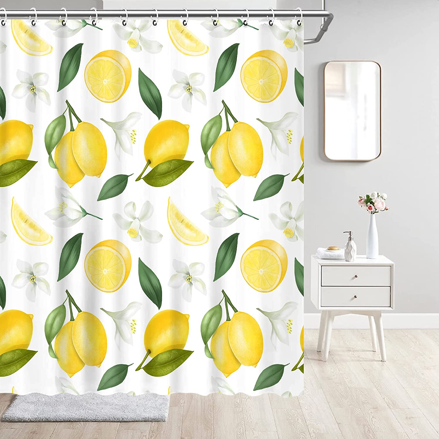 Abstract Allover Fruits Green Leaves Shower Curtain For Summer Vibe Bathroom Decor