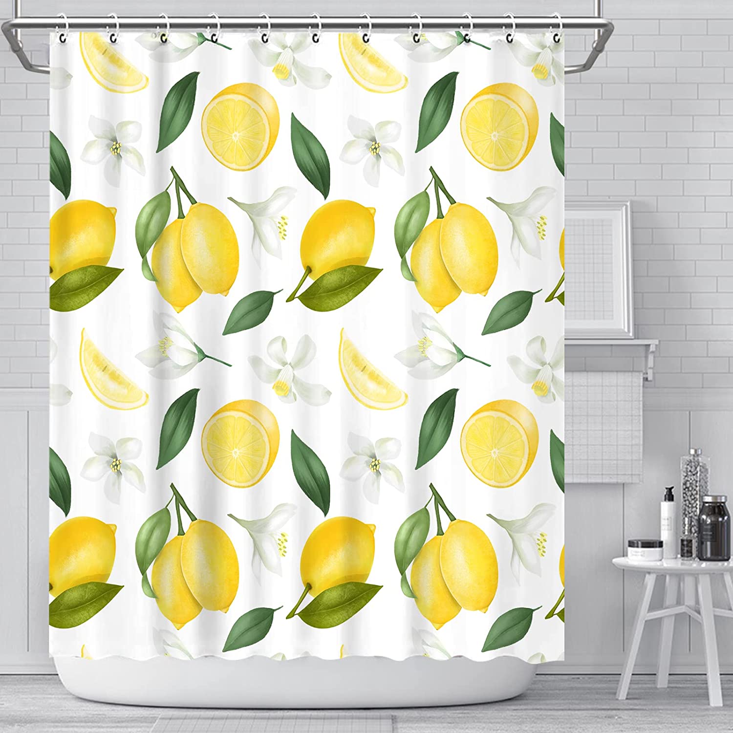 Abstract Allover Fruits Green Leaves Shower Curtain For Summer Vibe Bathroom Decor - Image 2
