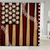 Abstract American Flag Baseball Shower Curtain- Rustic Sports Theme Bathroom Decor With Retro Brown Stripes