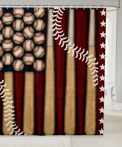 Abstract American Flag Baseball Shower Curtain- Rustic Sports Theme Bathroom Decor With Retro Brown Stripes