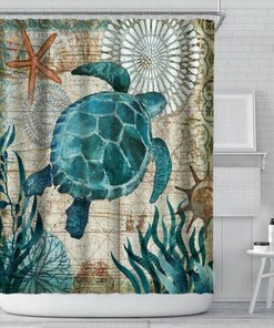 Abstract Art Blue Turtle Shower Curtain With Underwater Creatures Theme