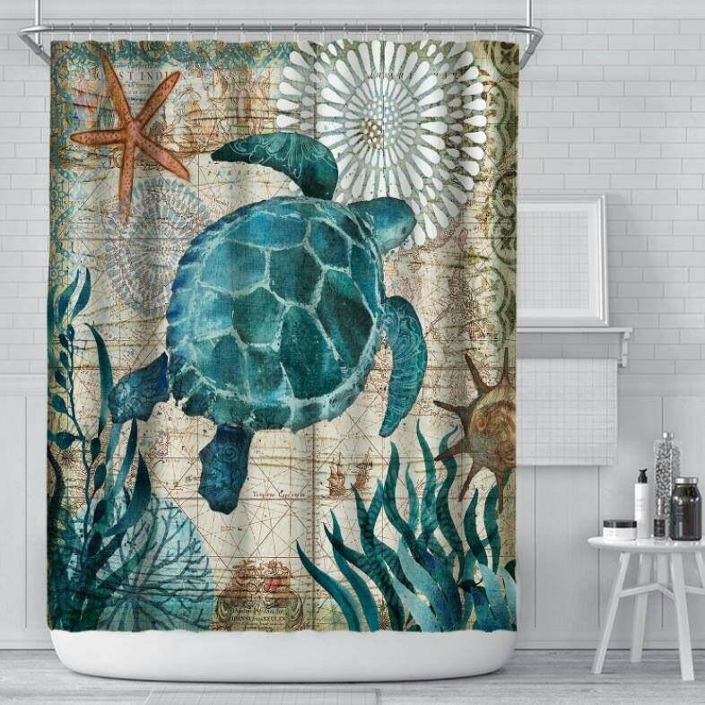 Abstract Art Blue Turtle Shower Curtain With Underwater Creatures Theme