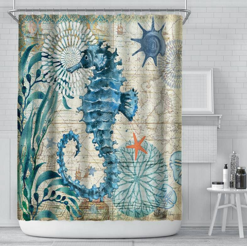 Abstract Art Blue Turtle Shower Curtain With Underwater Creatures Theme - Image 2