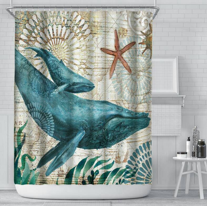 Abstract Art Blue Turtle Shower Curtain With Underwater Creatures Theme - Image 3