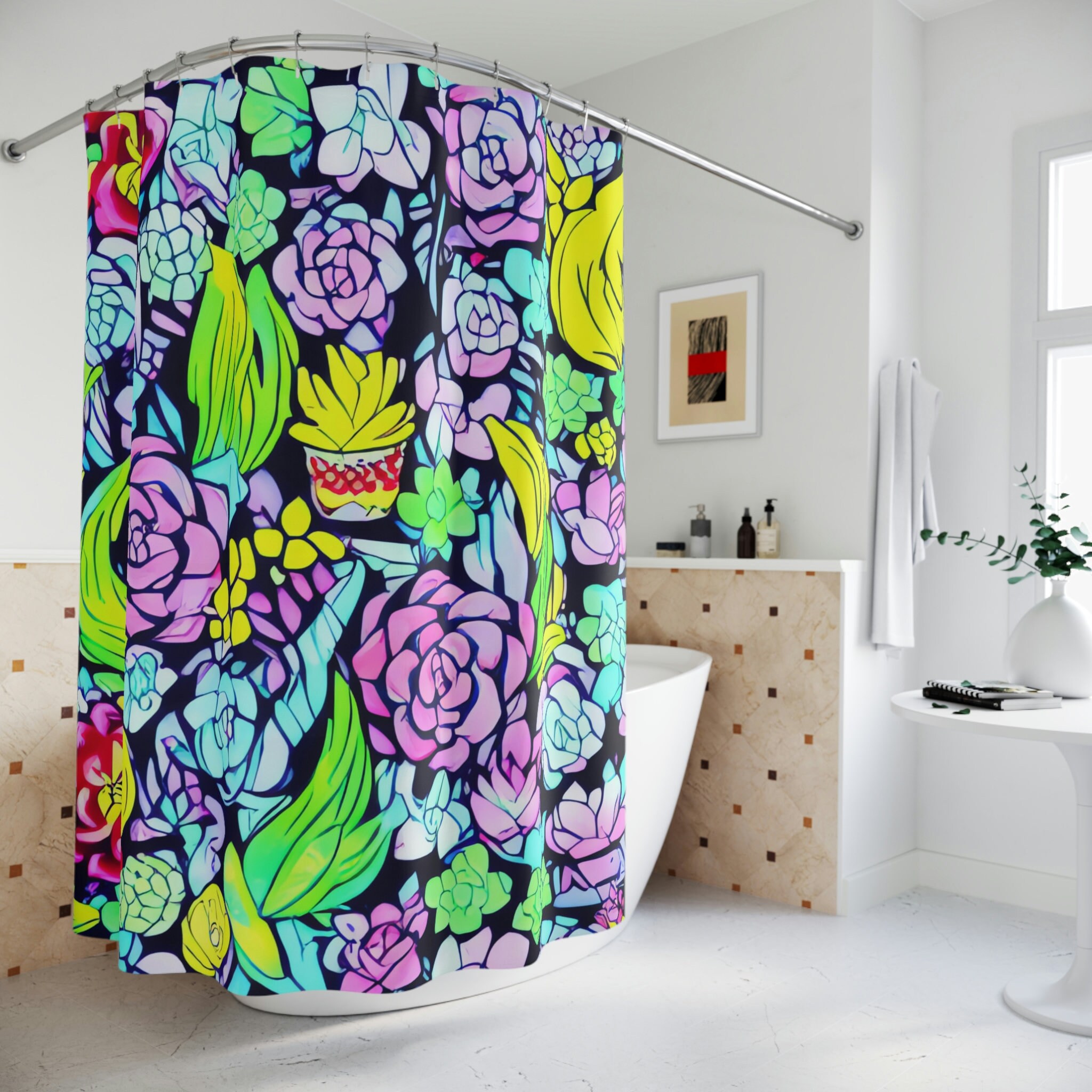 Abstract Art Botanical Succulent Shower Curtain, Modern Bathroom Decor with AI Art Print