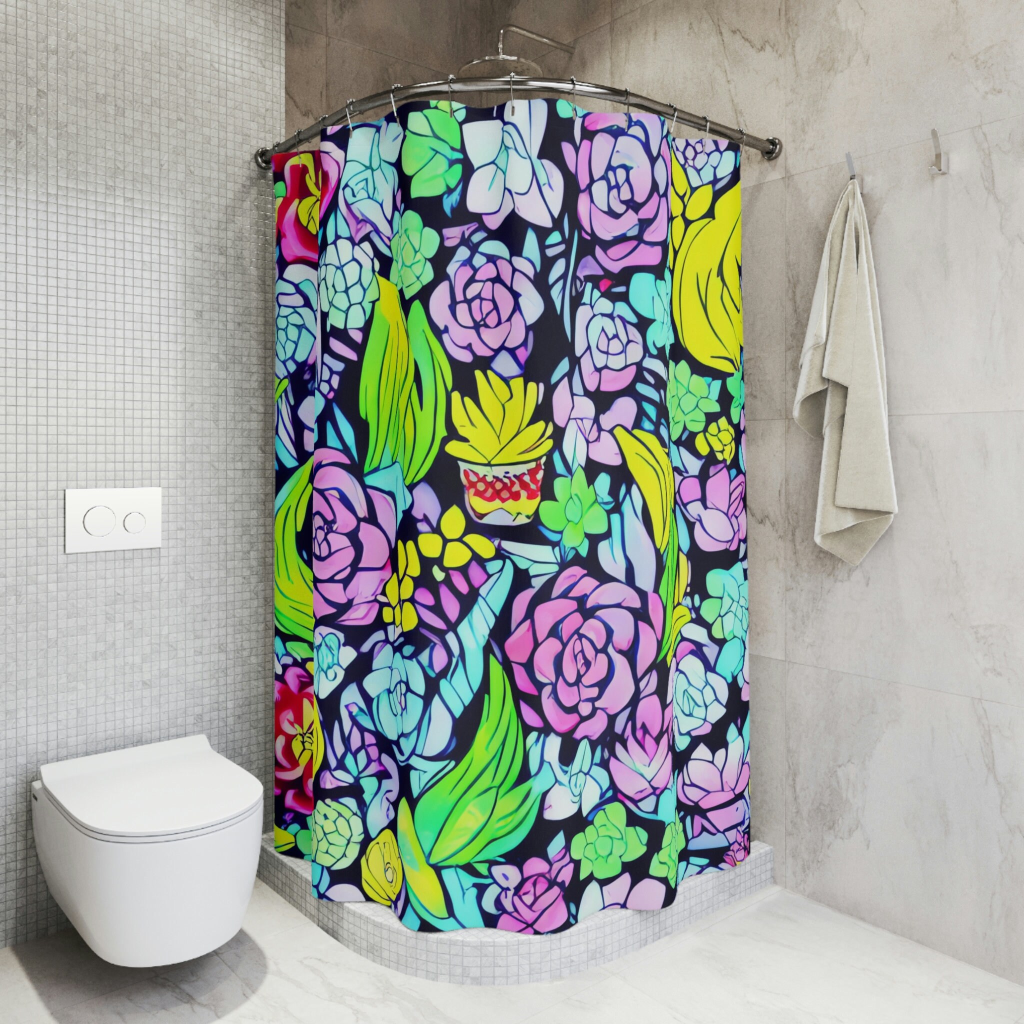 Abstract Art Botanical Succulent Shower Curtain, Modern Bathroom Decor with AI Art Print