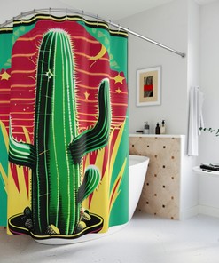 Abstract Art Design With Cactus & Flowers Shower Curtain Ai Art Print - Perfect For Modern Bathroom Decor