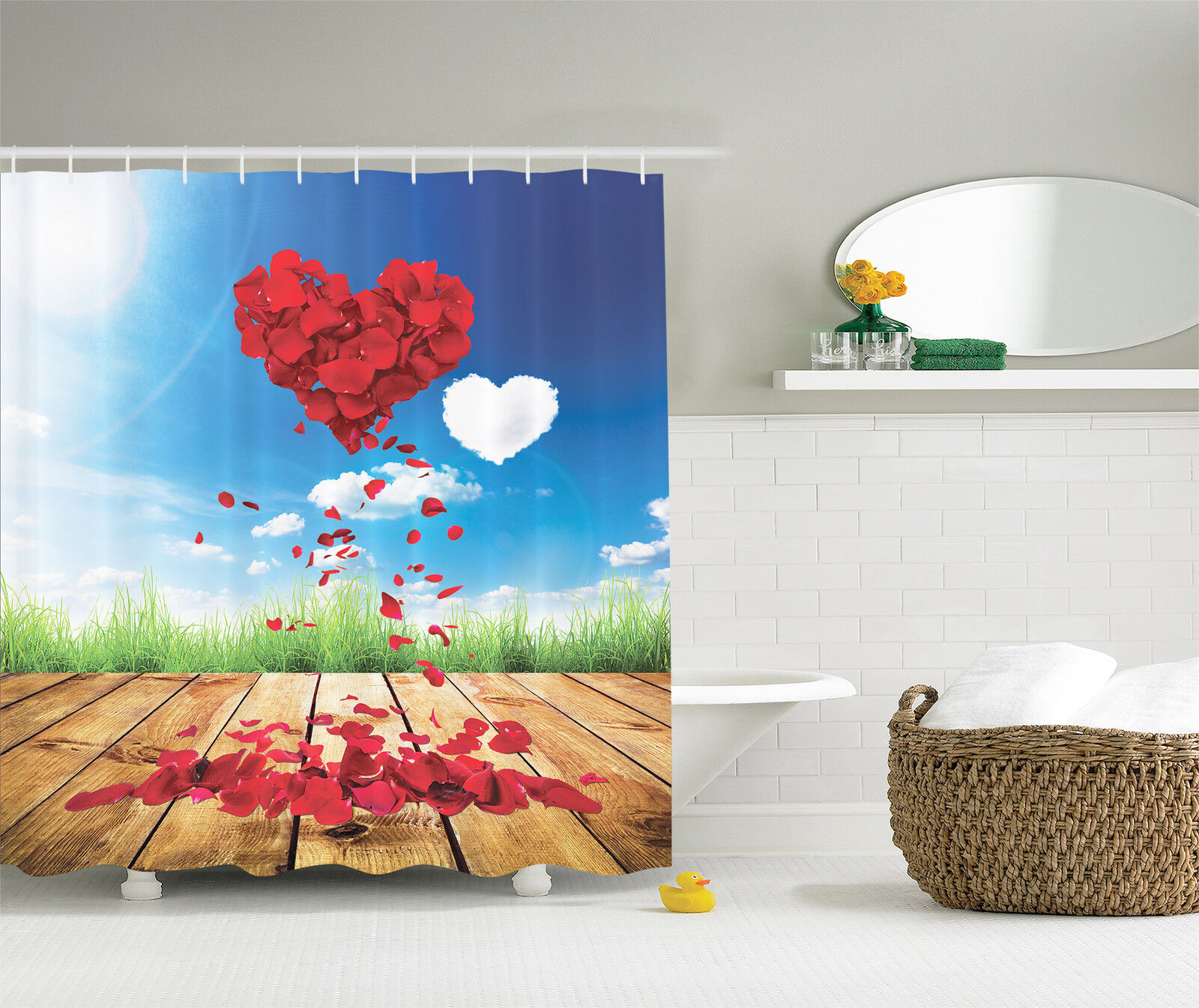 Abstract Art Hearts Beach Shower Curtain - Scenic Rose Leaves Heart Cloud Love