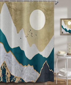 Abstract Art Mountain Sun Flying Birds Japanese Style Shower Curtain For Bathroom Decor