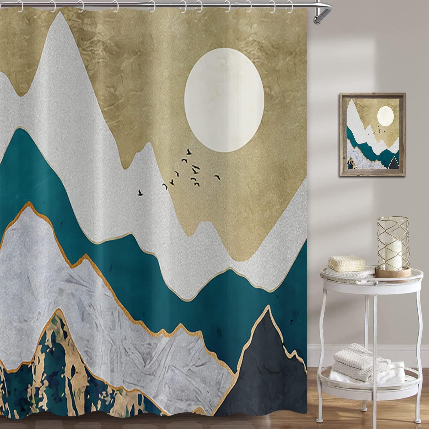 Abstract Art Mountain Sun Flying Birds Japanese Style Shower Curtain For Bathroom Decor