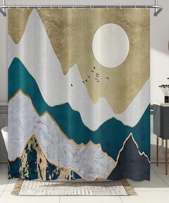 Abstract Art Mountain Sun Flying Birds Japanese Style Shower Curtain For Bathroom Decor