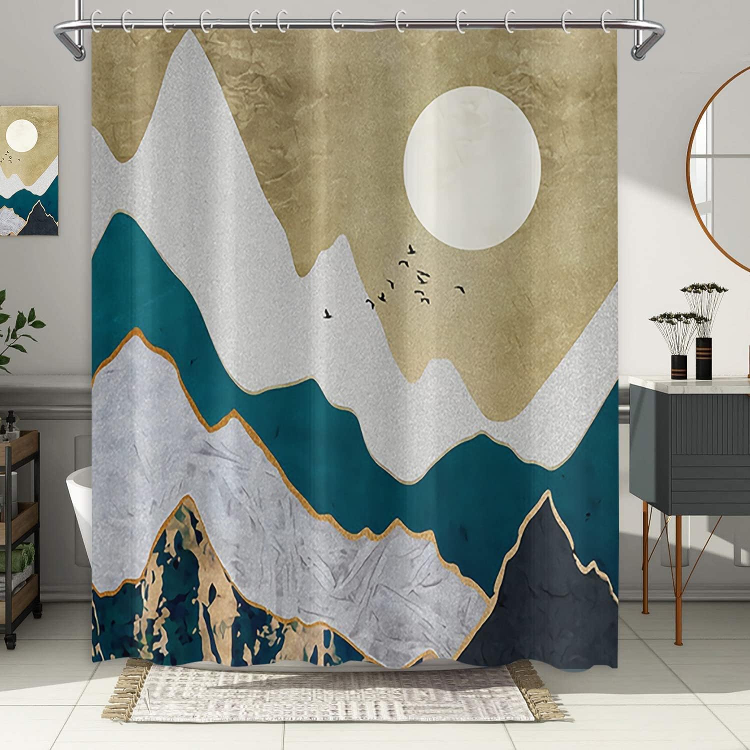 Abstract Art Mountain Sun Flying Birds Japanese Style Shower Curtain For Bathroom Decor
