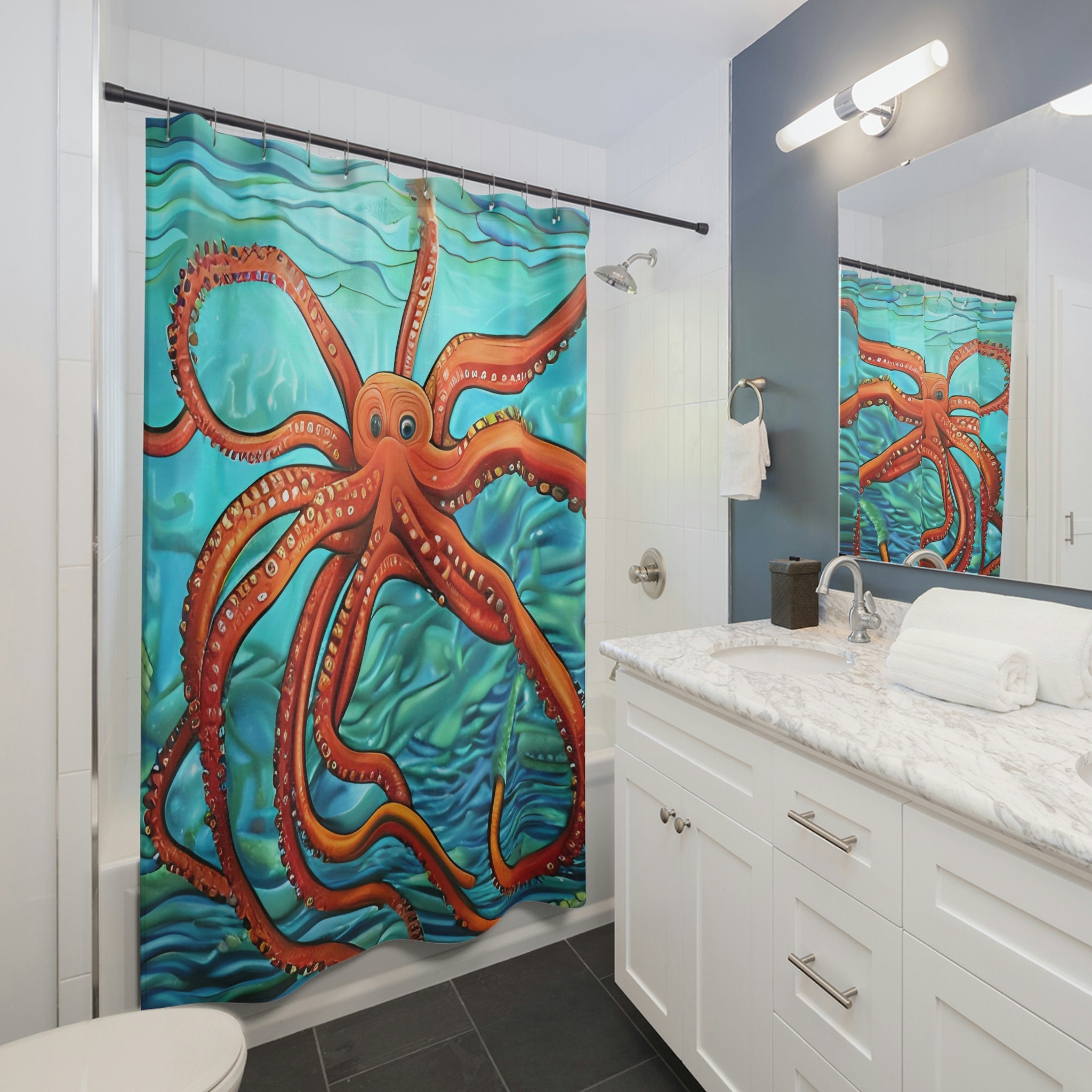 Abstract Art Octopus Shower Curtain for Sea Life Bathroom Decor.