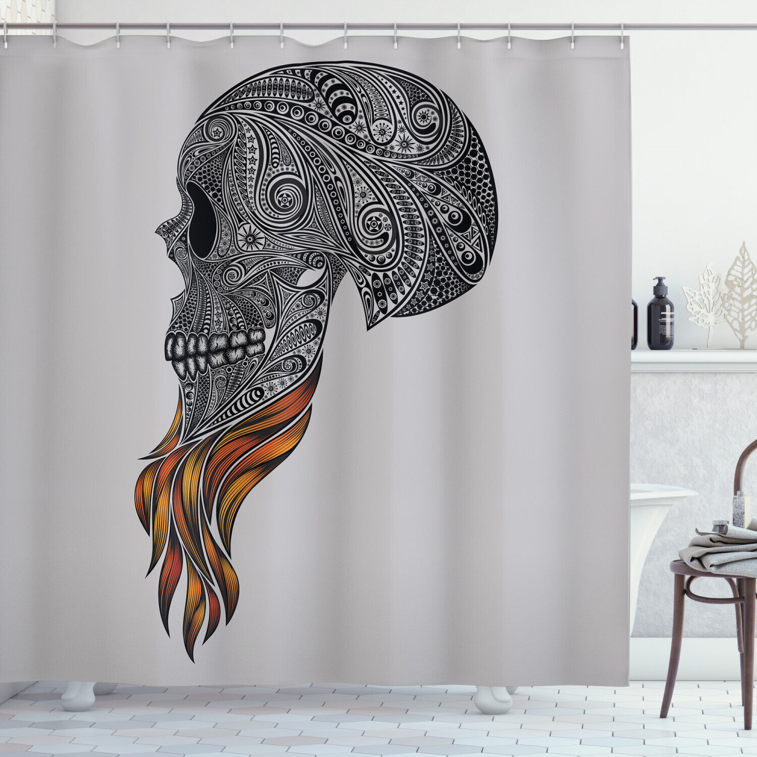 Abstract Art Skull Beard Print Shower Curtain for Indie Bathroom Decor by Ikfashoni