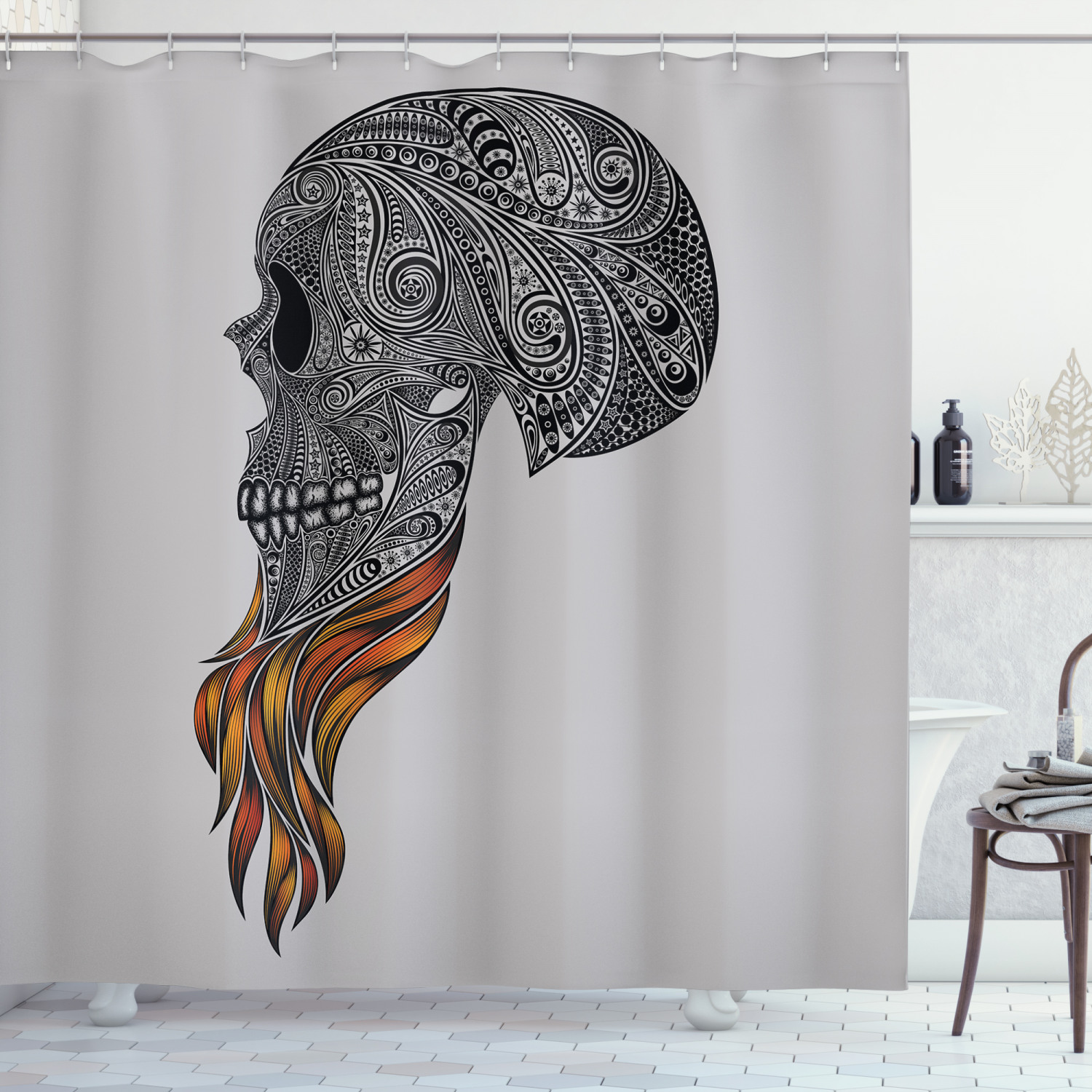 Abstract Art Skull Beard Print Shower Curtain for Indie Bathroom Decor by Ikfashoni