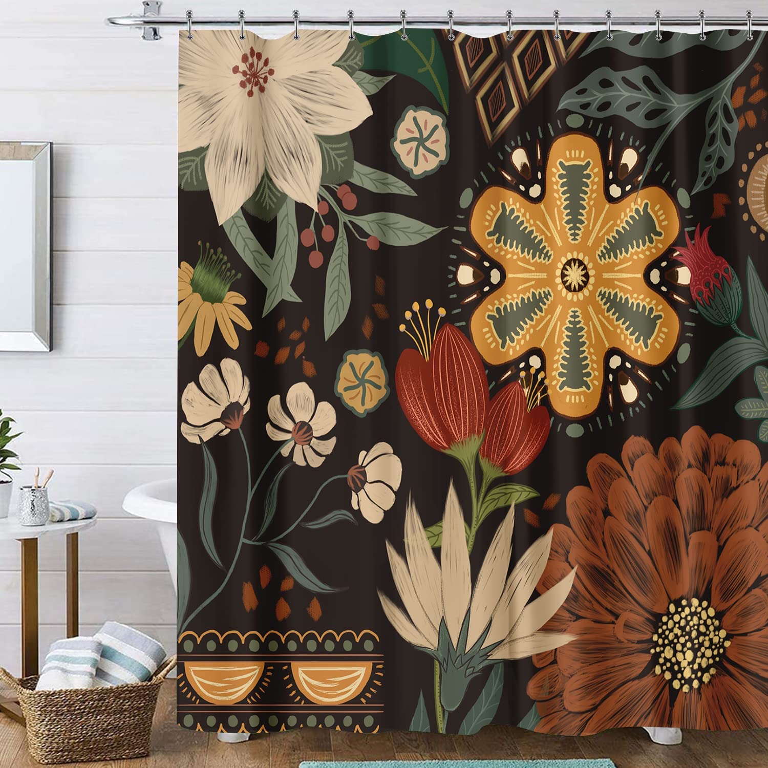 Abstract Bohemian Floral Botanical Print Shower Curtain For Bathroom - Image 2
