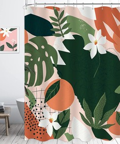 Abstract Boho Floral Shower Curtain Aesthetic Plant Citrus Orange Fruit Green Leaf Tropical Women Bathroom Decoration