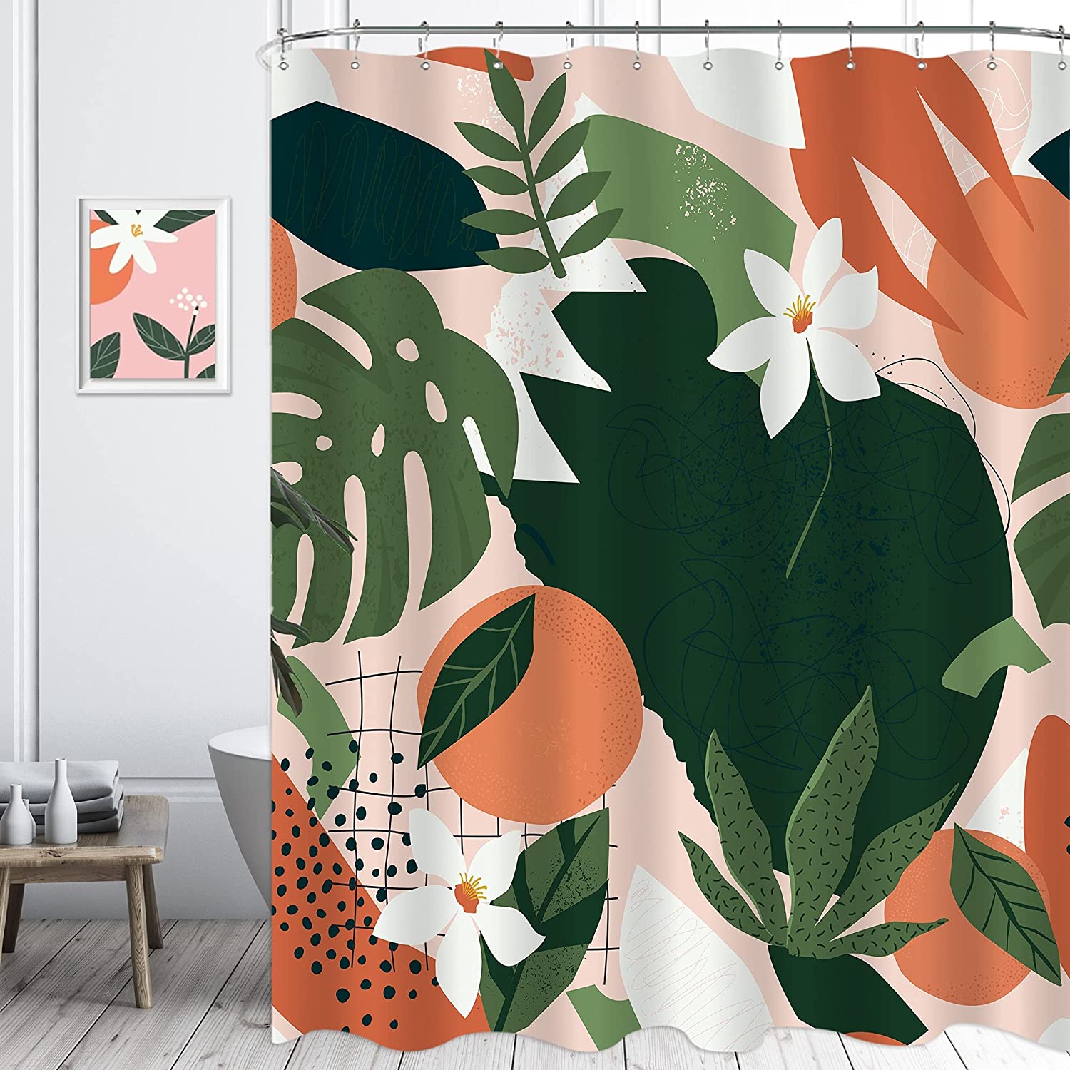 Abstract Boho Floral Shower Curtain Aesthetic Plant Citrus Orange Fruit Green Leaf Tropical Women Bathroom Decoration
