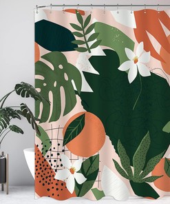 Abstract Boho Floral Shower Curtain Aesthetic Plant Citrus Orange Fruit Green Leaf Tropical Women Bathroom Decoration