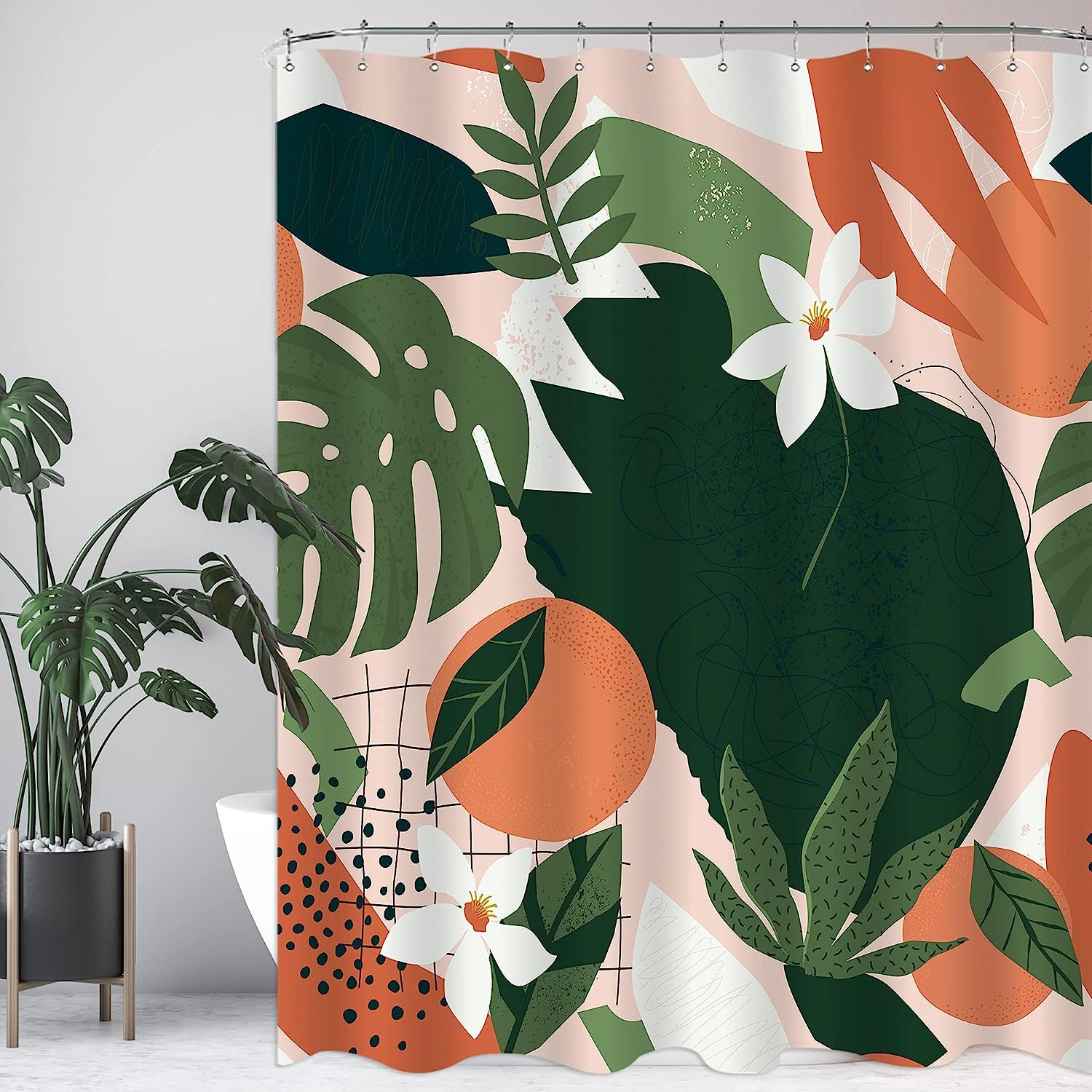 Abstract Boho Floral Shower Curtain Aesthetic Plant Citrus Orange Fruit Green Leaf Tropical Women Bathroom Decoration