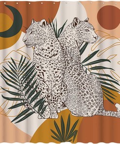 Abstract Boho Leopards Shower Curtain With Sun And Moon Prints For Modern Bathroom Decor