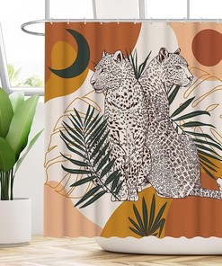Abstract Boho Leopards Shower Curtain With Sun And Moon Prints For Modern Bathroom Decor