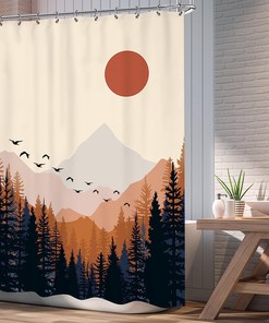 Abstract Boho Mid Century Mountain Sunset Shower Curtain for a Contemporary Bathroom