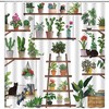 Abstract Boho Potted Plants Shower Curtain with Tropical Palm and Greenhouse Theme 