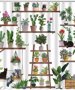 Abstract Boho Potted Plants Shower Curtain with Tropical Palm and Greenhouse Theme 