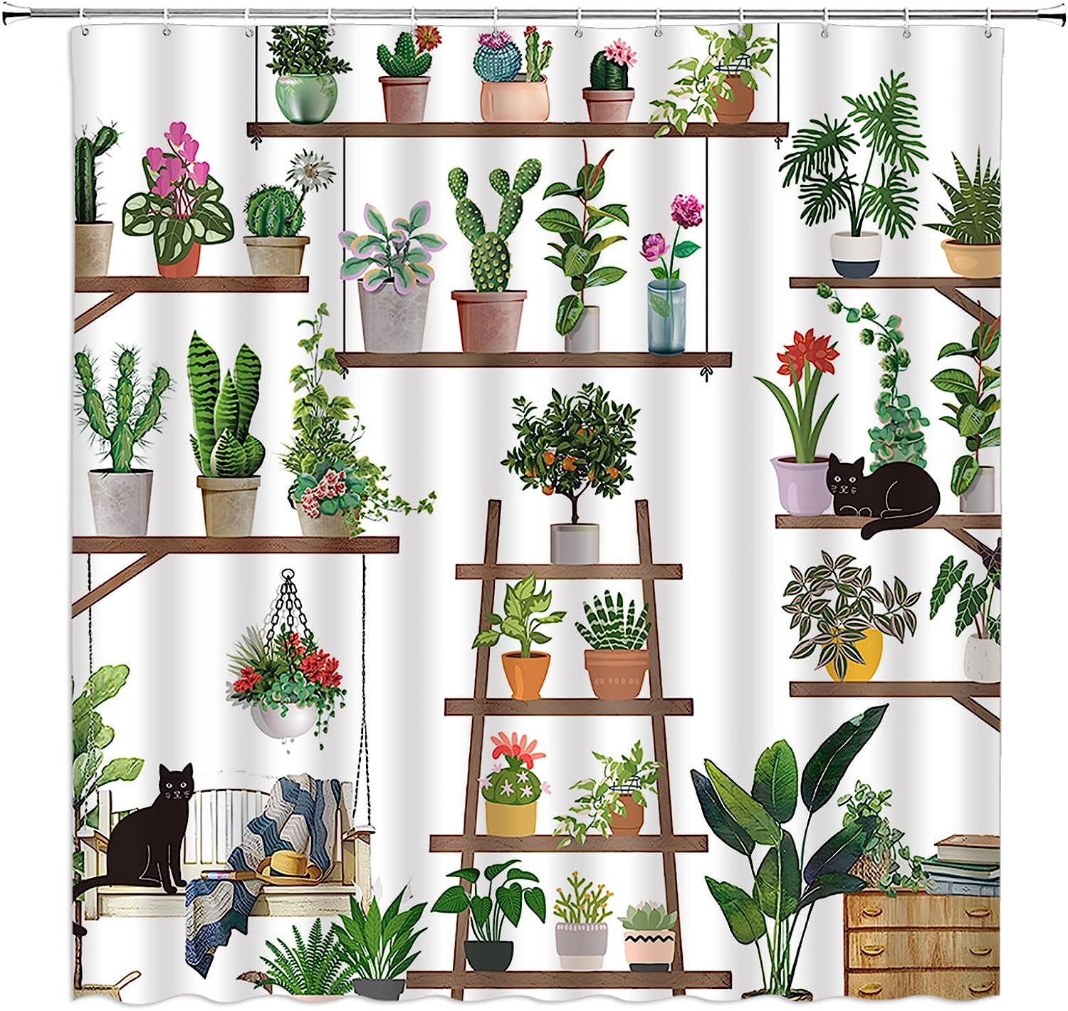 Abstract Boho Potted Plants Shower Curtain with Tropical Palm and Greenhouse Theme