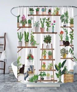 Abstract Boho Potted Plants Shower Curtain with Tropical Palm and Greenhouse Theme