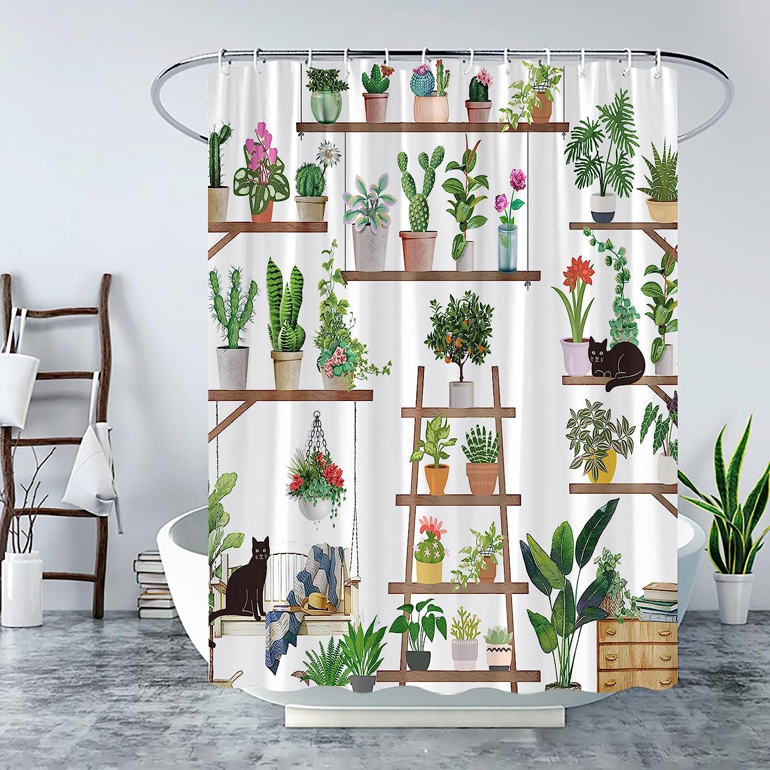 Abstract Boho Potted Plants Shower Curtain with Tropical Palm and Greenhouse Theme