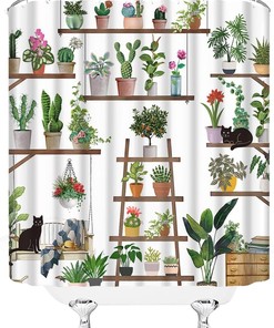 Abstract Boho Potted Plants Shower Curtain with Tropical Palm and Greenhouse Theme