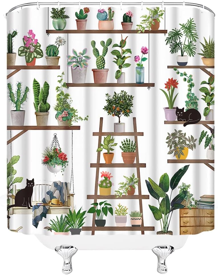 Abstract Boho Potted Plants Shower Curtain with Tropical Palm and Greenhouse Theme
