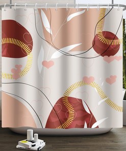 Abstract Boho Shower Curtain with Gold Stripe Leaves and Geometric Pattern for Home Décor