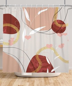 Abstract Boho Shower Curtain with Gold Stripe Leaves and Geometric Pattern for Home Décor