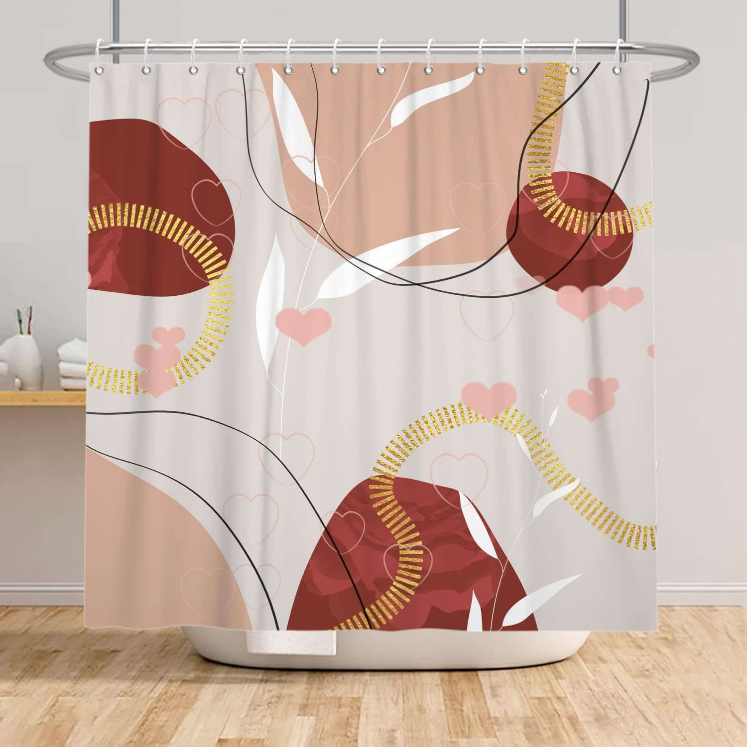Abstract Boho Shower Curtain with Gold Stripe Leaves and Geometric Pattern for Home Décor