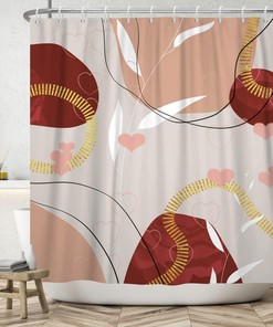 Abstract Boho Shower Curtain with Gold Stripe Leaves and Geometric Pattern for Home Décor