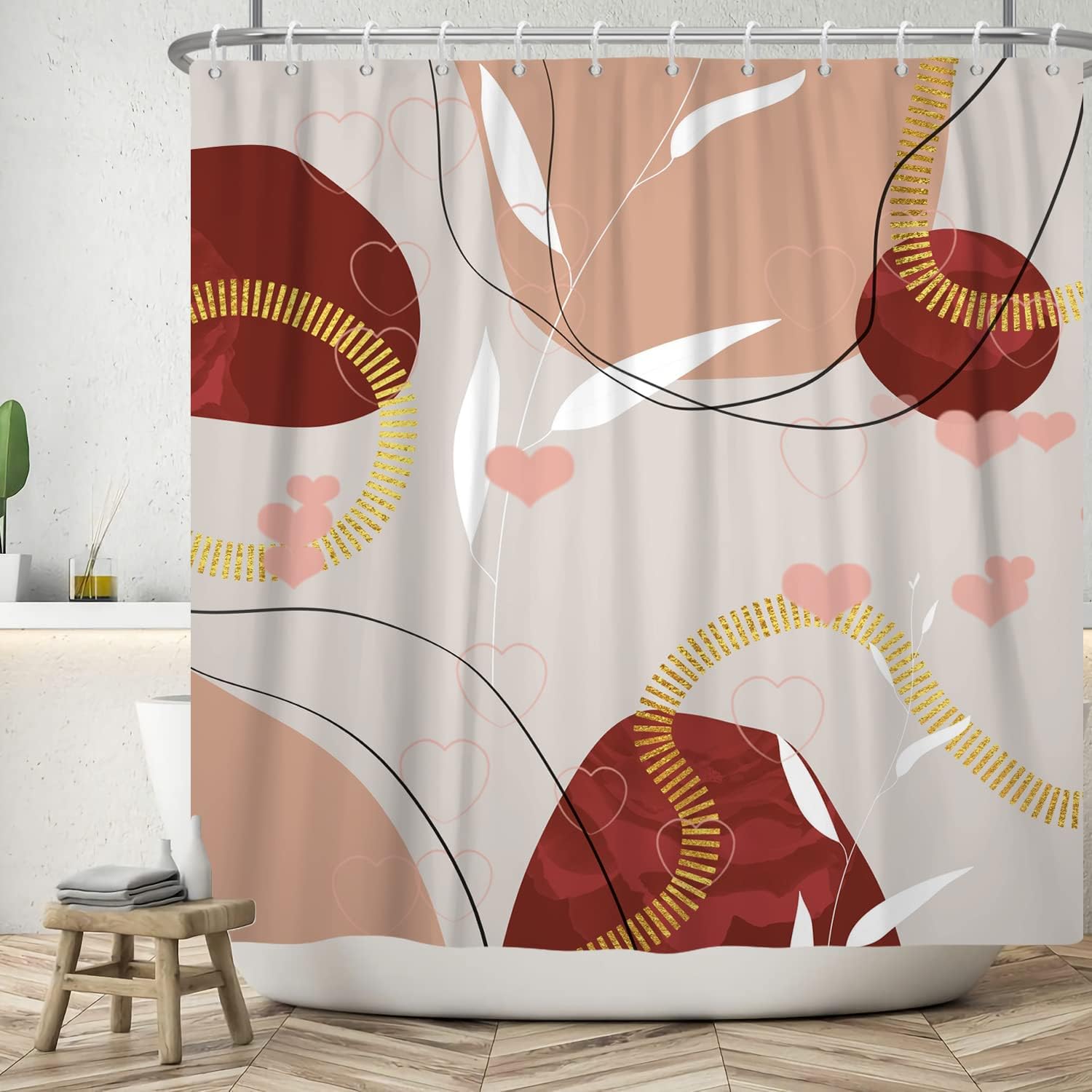 Abstract Boho Shower Curtain with Gold Stripe Leaves and Geometric Pattern for Home Décor