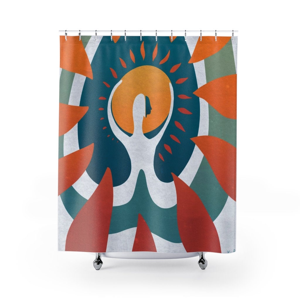 Abstract Colorful Boho Sun Shower Curtain with Unique Cloth Fabric Design and Funky Art for Master Bathroom Decor