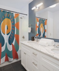 Abstract Colorful Boho Sun Shower Curtain with Unique Cloth Fabric Design and Funky Art for Master Bathroom Decor