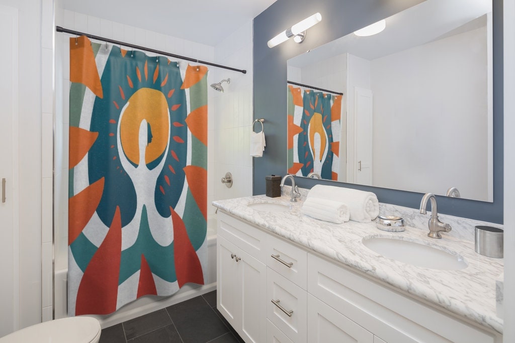 Abstract Colorful Boho Sun Shower Curtain with Unique Cloth Fabric Design and Funky Art for Master Bathroom Decor
