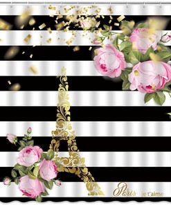 Abstract Eiffel Tower and Flower Print Shower Curtain for Paris Bathroom Decor 