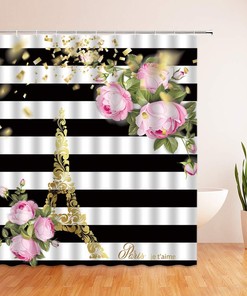 Abstract Eiffel Tower and Flower Print Shower Curtain for Paris Bathroom Decor