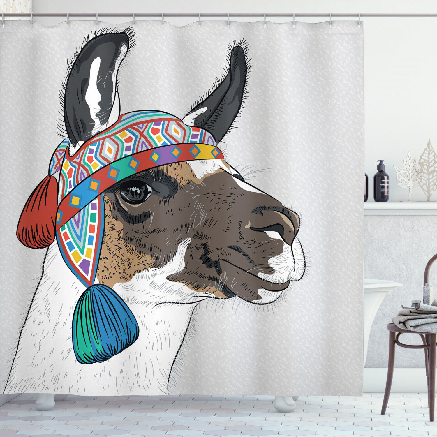 Abstract Ethnic Llama Pattern Shower Curtain - Neutral Bathroom Decor for Animal Lovers