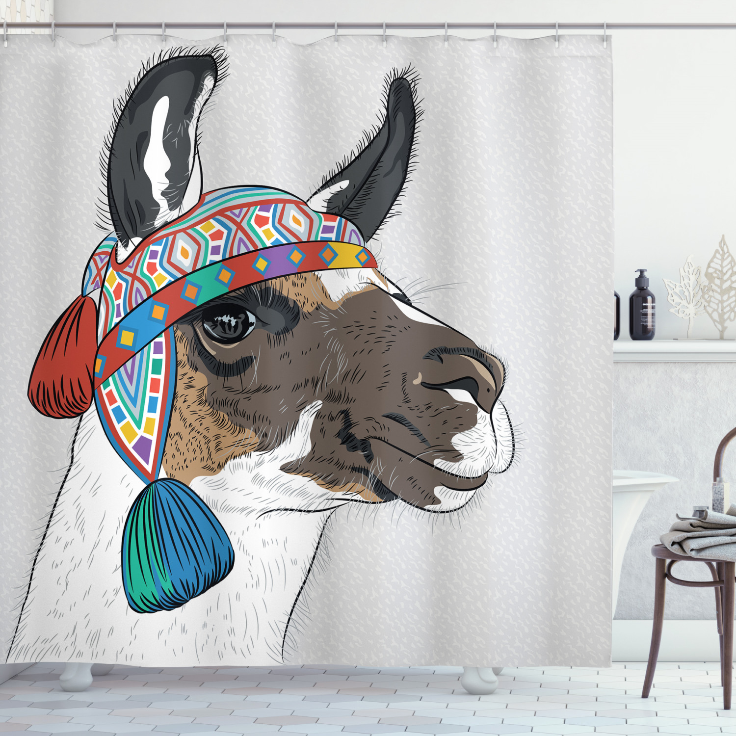 Abstract Ethnic Llama Pattern Shower Curtain - Neutral Bathroom Decor for Animal Lovers