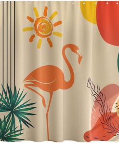 Abstract Flamingo Bird Shower Curtain Modern Mid Century Boho Decoration With Impressionistic Sun Print
