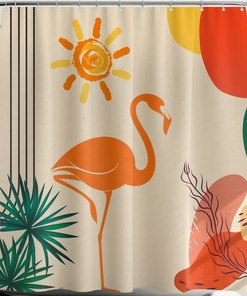 Abstract Flamingo Bird Shower Curtain Modern Mid Century Boho Decoration With Impressionistic Sun Print