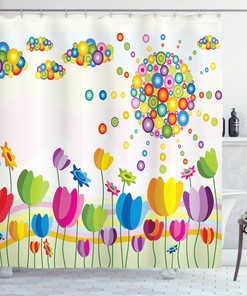 Abstract Flower Sun and Clouds Illustration Shower Curtain Set for Home Decor by Ikfashoni 